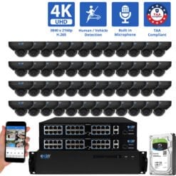 64 Channel NVR Security Camera System with 48 * 8MP 4K IP 2.8mm Fixed Lens Black Mini Dome Security Camera, Human / Vehicle Detection, Smart AI Analytics, Built-In Microphone, PoE