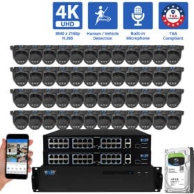 64 Channel NVR Security Camera System with 48 * 8MP 4K IP 2.8mm Fixed Lens Black Turret Security Camera, Human / Vehicle Detection, Smart AI Analytics, Built-In Microphone, PoE