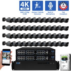64 Channel NVR Security Camera System with 48 * 8MP 4K IP 2.8mm Fixed Lens Black Bullet Security Camera, Human / Vehicle Detection, Smart AI Analytics, Built-In Microphone, PoE