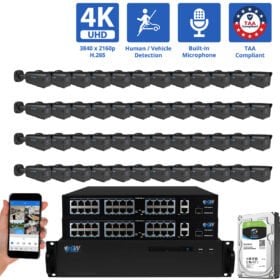 64 Channel NVR Security Camera System with 48 * 8MP IP 5X Optical Zoom 2.7-13.5mm Motorized Lens Black Bullet Security Camera, Human / Vehicle Detection, Smart AI Analytics, Built-In Microphone, PoE