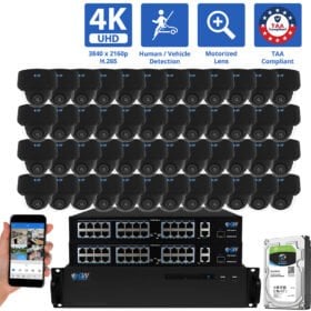 64 Channel NVR Security Camera System with 48 * 8MP 4K POE 5X Optical Zoom 2.7-13.5mm Motorized Lens Black Dome Security Camera, TAA Compliant, Human / Vehicle Detection, Face Recognition, Smart AI Analytics, Built-In Mic