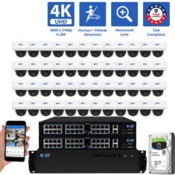 64 Channel NVR Security Camera System with 48 * 8MP 4K POE 5X Optical Zoom 2.7-13.5mm Motorized Lens Dome Security Camera, TAA Compliant, Human / Vehicle Detection, Face Recognition, Smart AI Analytics, Built-In Mic