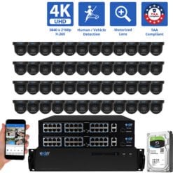 64 Channel NVR Security Camera System with 48 * 8MP 4K POE 5X Optical Zoom 2.7-13.5mm Motorized Lens Black Turret Security Camera, TAA Compliant, Human / Vehicle Detection, Face Recognition, Smart AI Analytics, Built-In Mic
