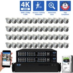 64 Channel NVR Security Camera System with 48 * 8MP 4K POE 5X Optical Zoom 2.7-13.5mm Motorized Lens Turret Security Camera, TAA Compliant, Human / Vehicle Detection, Face Recognition, Smart AI Analytics, Built-In Mic