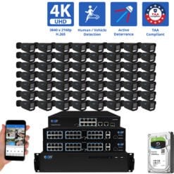64 Channel NVR Security Camera System with 56 * 8MP 4K IP 2.8mm Fixed Lens Black Bullet Security Camera, TAA Compliant, Active Deterrence, Human / Vehicle Detection, Smart AI Analytics, Two-Way Audio, PoE