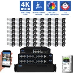 64 Channel NVR Security Camera System with 56 * 8MP 4K IP 2.8mm Fixed Lens Bullet Security Camera, TAA Compliance, Full-Time Color Night Vision, Two-Way Audio,  Human / Vehicle Detection,  Face Recognition, Smart AI Analytics, PoE