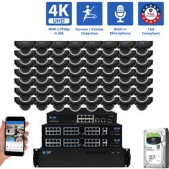 64 Channel NVR Security Camera System with 56 * 8MP 4K IP 2.8mm Fixed Lens Black Mini Dome Security Camera, Human / Vehicle Detection, Smart AI Analytics, Built-In Microphone, PoE