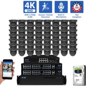 64 Channel NVR Security Camera System with 56 * 8MP 4K IP 2.8mm Fixed Lens Black Turret Security Camera, Human / Vehicle Detection, Smart AI Analytics, Built-In Microphone, PoE