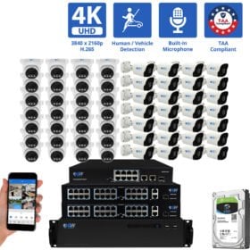 64 Channel NVR Security Camera System with 28 * 8MP 4K IP 2.8mm Fixed Lens Turret Security Camera, 24 * 8MP 4K IP 2.8mm Fixed Lens Bullet Security Camera, Human / Vehicle Detection, Smart AI Analytics, Built-In Microphone, PoE
