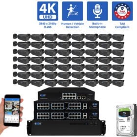 64 Channel NVR Security Camera System with 56 * 8MP IP 5X Optical Zoom 2.7-13.5mm Motorized Lens Black Bullet Security Camera, Human / Vehicle Detection, Smart AI Analytics, Built-In Microphone, PoE