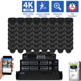 64 Channel NVR Security Camera System with 56 * 8MP 4K POE 5X Optical Zoom 2.7-13.5mm Motorized Lens Black Dome Security Camera, TAA Compliant, Human / Vehicle Detection, Face Recognition, Smart AI Analytics, Built-In Mic