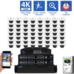 64 Channel NVR Security Camera System with 56 * 8MP 4K POE 5X Optical Zoom 2.7-13.5mm Motorized Lens Dome Security Camera, TAA Compliant, Human / Vehicle Detection, Face Recognition, Smart AI Analytics, Built-In Mic