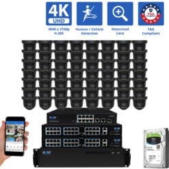 64 Channel NVR Security Camera System with 56 * 8MP 4K POE 5X Optical Zoom 2.7-13.5mm Motorized Lens Black Turret Security Camera, TAA Compliant, Human / Vehicle Detection, Face Recognition, Smart AI Analytics, Built-In Mic