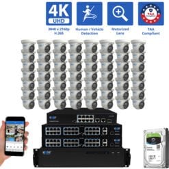64 Channel NVR Security Camera System with 56 * 8MP 4K POE 5X Optical Zoom 2.7-13.5mm Motorized Lens Turret Security Camera, TAA Compliant, Human / Vehicle Detection, Face Recognition, Smart AI Analytics, Built-In Mic