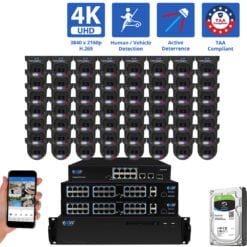 64 Channel NVR Security Camera System with 56 * 8MP 4K IP 2.8mm Fixed Lens Black Turret Security Camera, TAA Compliant, Active Deterrence, Human / Vehicle Detection, Smart AI Analytics, Two-Way Audio, PoE