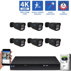 8 Channel NVR Security Camera System with 6 * 8MP 4K IP 2.8mm Fixed Lens Black Bullet Security Camera, TAA Compliant, Active Deterrence,  Human / Vehicle Detection, Smart AI Analytics, Two-Way Audio, PoE