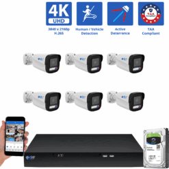 8 Channel NVR Security Camera System with 6 * 8MP 4K IP 2.8mm Fixed Lens Bullet Security Camera, TAA Compliant, Active Deterrence,  Human / Vehicle Detection, Smart AI Analytics, Two-Way Audio, PoE