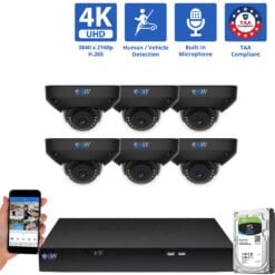 8 Channel NVR Security Camera System with 6 * 8MP 4K IP 2.8mm Fixed Lens Black Mini Dome Security Camera, Human / Vehicle Detection, Smart AI Analytics, Built-In Microphone, PoE