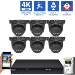 8 Channel NVR Security Camera System with 6 * 8MP 4K IP 2.8mm Fixed Lens Black Turret Security Camera, Human / Vehicle Detection, Smart AI Analytics, Built-In Microphone, PoE
