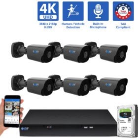 8 Channel NVR Security Camera System with 6 * 8MP 4K IP 2.8mm Fixed Lens Black Bullet Security Camera, Human / Vehicle Detection, Smart AI Analytics, Built-In Microphone, PoE