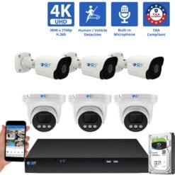 8 Channel NVR Security Camera System with 3 * 8MP 4K IP 2.8mm Fixed Lens Turret Security Camera, 3 * 8MP 4K IP 2.8mm Fixed Lens Bullet Security Camera, Human / Vehicle Detection, Smart AI Analytics, Built-In Microphone, PoE