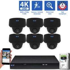 8 Channel NVR Security Camera System with 6 * 8MP 4K POE 5X Optical Zoom 2.7-13.5mm Motorized Lens Black Dome Security Camera, TAA Compliant, Human / Vehicle Detection, Face Recognition, Smart AI Analytics, Built-In Mic