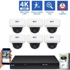 8 Channel NVR Security Camera System with 6 * 8MP 4K POE 5X Optical Zoom 2.7-13.5mm Motorized Lens Dome Security Camera, TAA Compliant, Human / Vehicle Detection, Face Recognition, Smart AI Analytics, Built-In Mic