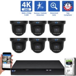 8 Channel NVR Security Camera System with 6 * 8MP 4K POE 5X Optical Zoom 2.7-13.5mm Motorized Lens Black Turret Security Camera, TAA Compliant, Human / Vehicle Detection, Face Recognition, Smart AI Analytics, Built-In Mic