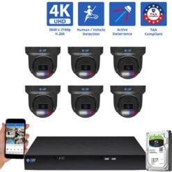 8 Channel NVR Security Camera System with 6 * 8MP 4K IP 2.8mm Fixed Lens Black Turret Security Camera, TAA Compliant, Active Deterrence, Human / Vehicle Detection, Smart AI Analytics, Two-Way Audio, PoE