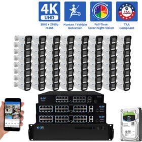 64 Channel NVR Security Camera System with 64 * 8MP 4K IP 2.8mm Fixed Lens Bullet Security Camera, TAA Compliance, Full-Time Color Night Vision, Two-Way Audio,  Human / Vehicle Detection,  Face Recognition, Smart AI Analytics, PoE
