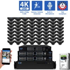 64 Channel NVR Security Camera System with 64 * 8MP 4K IP 2.8mm Fixed Lens Black Mini Dome Security Camera, Human / Vehicle Detection, Smart AI Analytics, Built-In Microphone, PoE