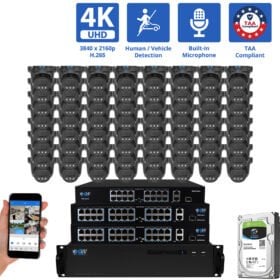 64 Channel NVR Security Camera System with 64 * 8MP 4K IP 2.8mm Fixed Lens Black Turret Security Camera, Human / Vehicle Detection, Smart AI Analytics, Built-In Microphone, PoE