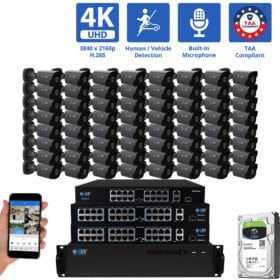 64 Channel NVR Security Camera System with 64 * 8MP 4K IP 2.8mm Fixed Lens Black Bullet Security Camera, Human / Vehicle Detection, Smart AI Analytics, Built-In Microphone, PoE