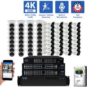 64 Channel NVR Security Camera System with 32 * 8MP 4K IP 2.8mm Fixed Lens Turret Security Camera, 32 * 8MP 4K IP 2.8mm Fixed Lens Bullet Security Camera, Human / Vehicle Detection, Smart AI Analytics, Built-In Microphone, PoE