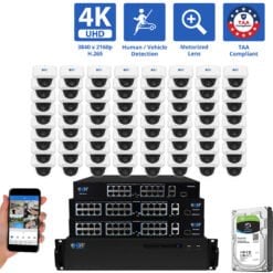 64 Channel NVR Security Camera System with 64 * 8MP 4K POE 5X Optical Zoom 2.7-13.5mm Motorized Lens Dome Security Camera, TAA Compliant, Human / Vehicle Detection, Face Recognition, Smart AI Analytics, Built-In Mic