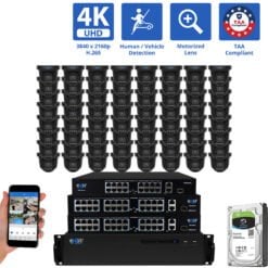 64 Channel NVR Security Camera System with 64 * 8MP 4K POE 5X Optical Zoom 2.7-13.5mm Motorized Lens Black Turret Security Camera, TAA Compliant, Human / Vehicle Detection, Face Recognition, Smart AI Analytics, Built-In Mic