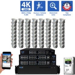 64 Channel NVR Security Camera System with 64 * 8MP 4K POE 5X Optical Zoom 2.7-13.5mm Motorized Lens Turret Security Camera, TAA Compliant, Human / Vehicle Detection, Face Recognition, Smart AI Analytics, Built-In Mic