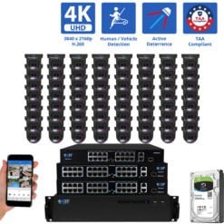 64 Channel NVR Security Camera System with 64 * 8MP 4K IP 2.8mm Fixed Lens Black Turret Security Camera, TAA Compliant, Active Deterrence, Human / Vehicle Detection, Smart AI Analytics, Two-Way Audio, PoE