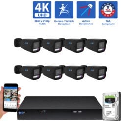 8 Channel NVR Security Camera System with 8 * 8MP 4K IP 2.8mm Fixed Lens Black Bullet Security Camera, TAA Compliant, Active Deterrence, Human / Vehicle Detection, Smart AI Analytics, Two-Way Audio, PoE