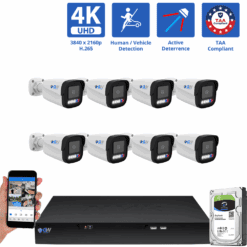 8 Channel NVR Security Camera System with 8 * 8MP 4K IP 2.8mm Fixed Lens Bullet Security Camera, TAA Compliant, Active Deterrence, Human / Vehicle Detection, Smart AI Analytics, Two-Way Audio, PoE