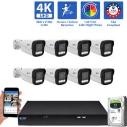 8 Channel NVR Security Camera System with 8 * 8MP 4K IP 4mm Fixed Lens Bullet Security Camera, TAA Compliance, Full-Time Color Night Vision, Two-Way Audio,  Human / Vehicle Detection,  Face Recognition, Smart AI Analytics, PoE