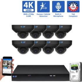 8 Channel NVR Security Camera System with 8 * 8MP 4K IP 2.8mm Fixed Lens Black Mini Dome Security Camera, Human / Vehicle Detection, Smart AI Analytics, Built-In Microphone, PoE