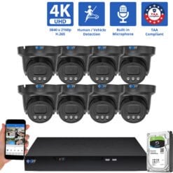 8 Channel NVR Security Camera System with 8 * 8MP 4K IP 2.8mm Fixed Lens Black Turret Security Camera, Human / Vehicle Detection, Smart AI Analytics, Built-In Microphone, PoE
