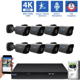 8 Channel NVR Security Camera System with 8 * 8MP 4K IP 2.8mm Fixed Lens Black Bullet Security Camera, Human / Vehicle Detection, Smart AI Analytics, Built-In Microphone, PoE