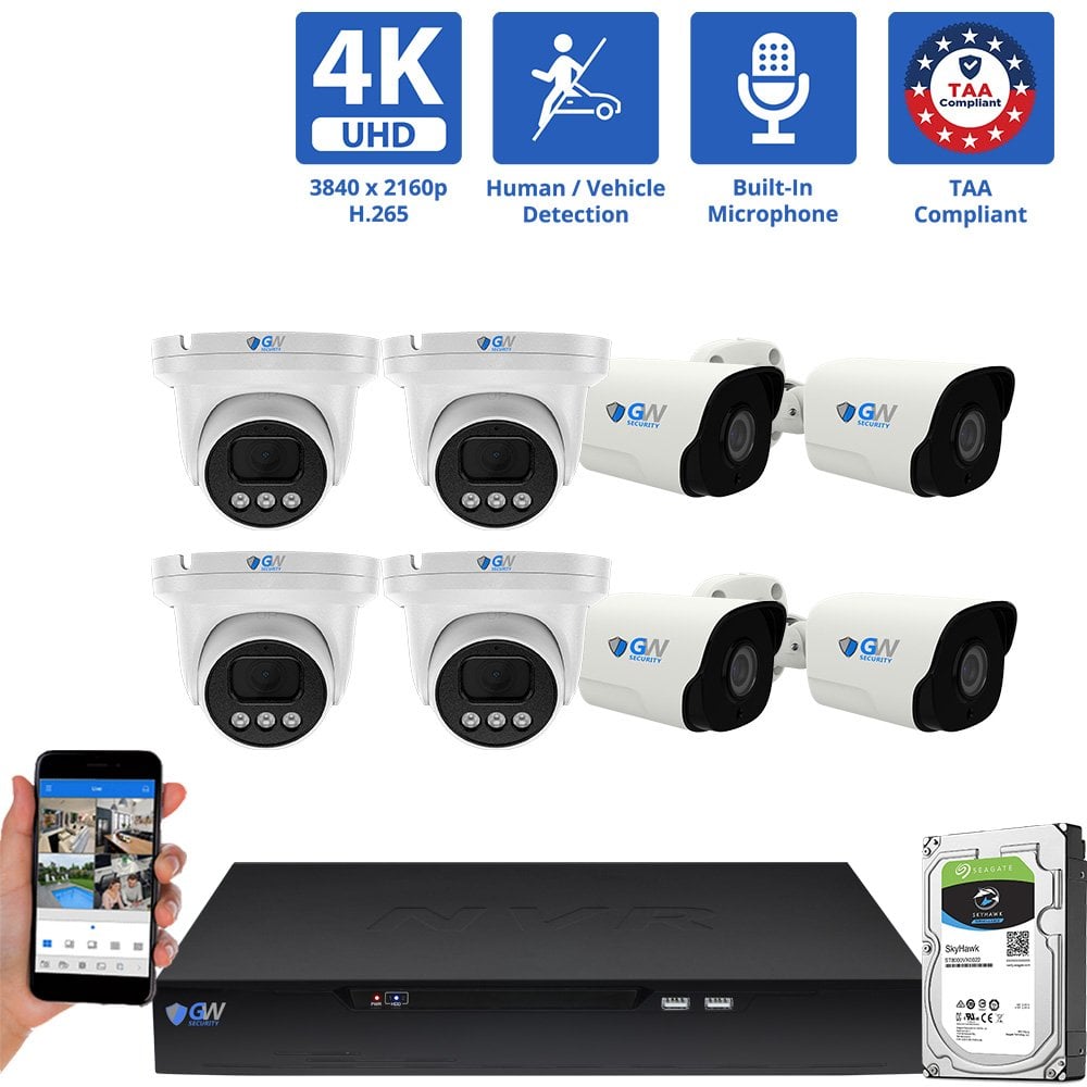 8 Channel NVR Security Camera System with 4 * 8MP 4K IP 2.8mm Fixed Lens Turret Security Camera, 4 * 8MP 4K IP 2.8mm Fixed Lens Bullet Security Camera, Human / Vehicle Detection, Smart AI Analytics, Built-In Microphone, PoE