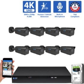 8 Channel NVR Security Camera System with 8 * 8MP IP 5X Optical Zoom 2.7-13.5mm Motorized Lens Black Bullet Security Camera, Human / Vehicle Detection, Smart AI Analytics, Built-In Microphone, PoE
