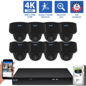 8 Channel NVR Security Camera System with 8 * 8MP 4K POE 5X Optical Zoom 2.7-13.5mm Motorized Lens Black Dome Security Camera, TAA Compliant, Human / Vehicle Detection, Face Recognition, Smart AI Analytics, Built-In Mic