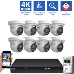 8 Channel NVR Security Camera System with 8 * 8MP 4K POE 5X Optical Zoom 2.7-13.5mm Motorized Lens Turret Security Camera, TAA Compliant, Human / Vehicle Detection, Face Recognition, Smart AI Analytics, Built-In Mic