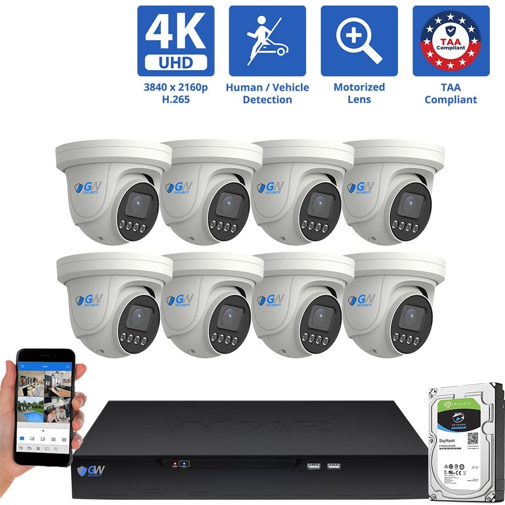 8 Channel NVR Security Camera System with 8 * 8MP 4K POE 5X Optical Zoom 2.7-13.5mm Motorized Lens Turret Security Camera, TAA Compliant, Human / Vehicle Detection, Face Recognition, Smart AI Analytics, Built-In Mic
