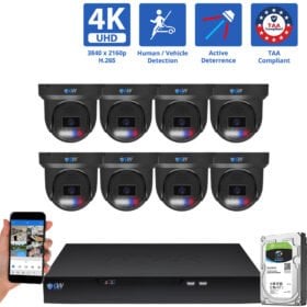 8 Channel NVR Security Camera System with 8 * 8MP 4K IP 2.8mm Fixed Lens Black Turret Security Camera, TAA Compliant, Active Deterrence, Human / Vehicle Detection, Smart AI Analytics, Two-Way Audio, PoE